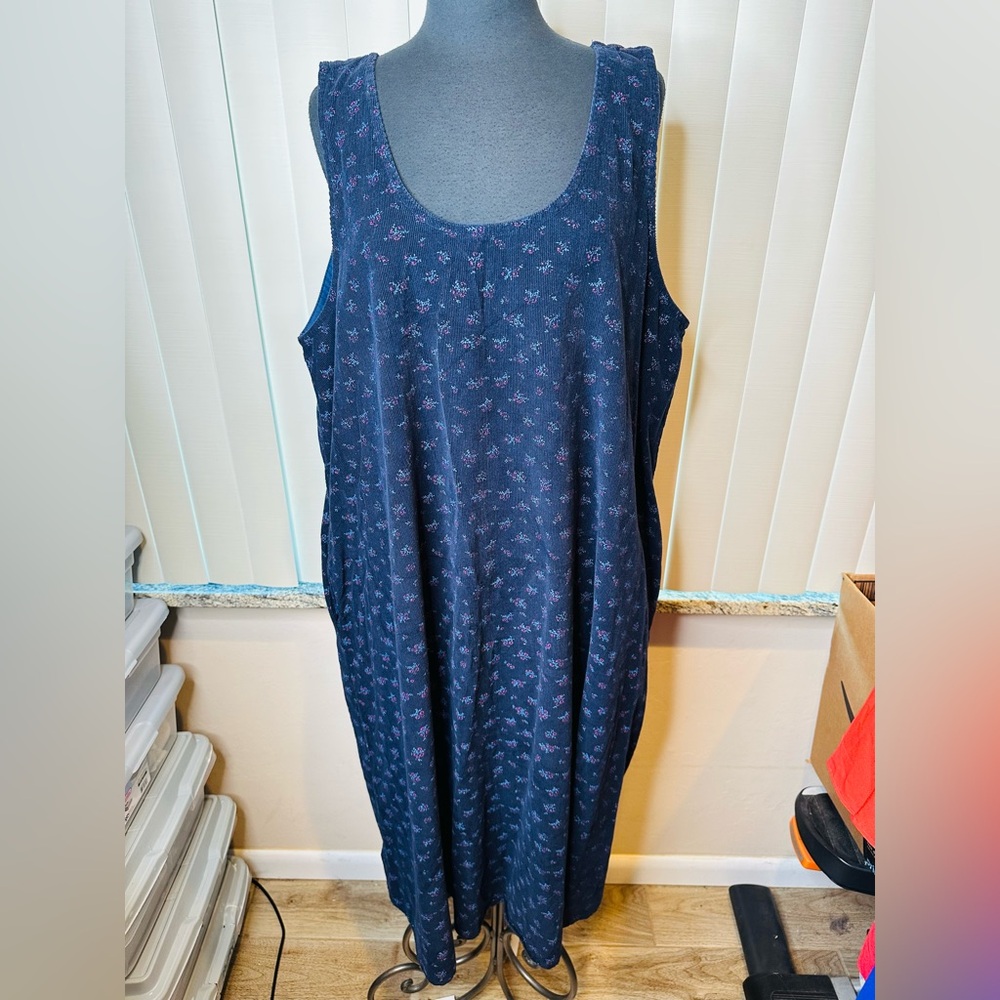 The Vermont Country Store Blue Floral Corduroy Midi Dress Lagenlook Size 2X